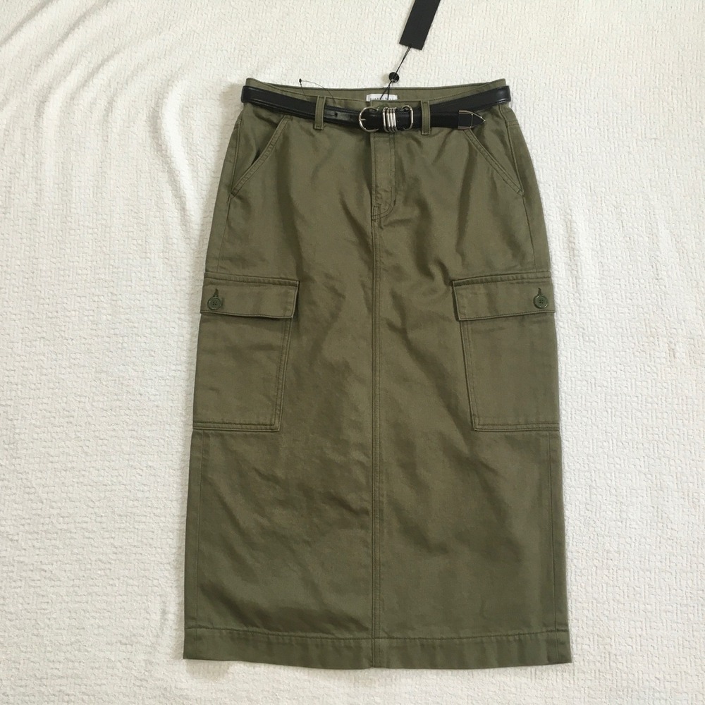 Gianni Bini Sz 29 Olive Green Cotton Cargo Utility Maxi Belted Skirt Grunge